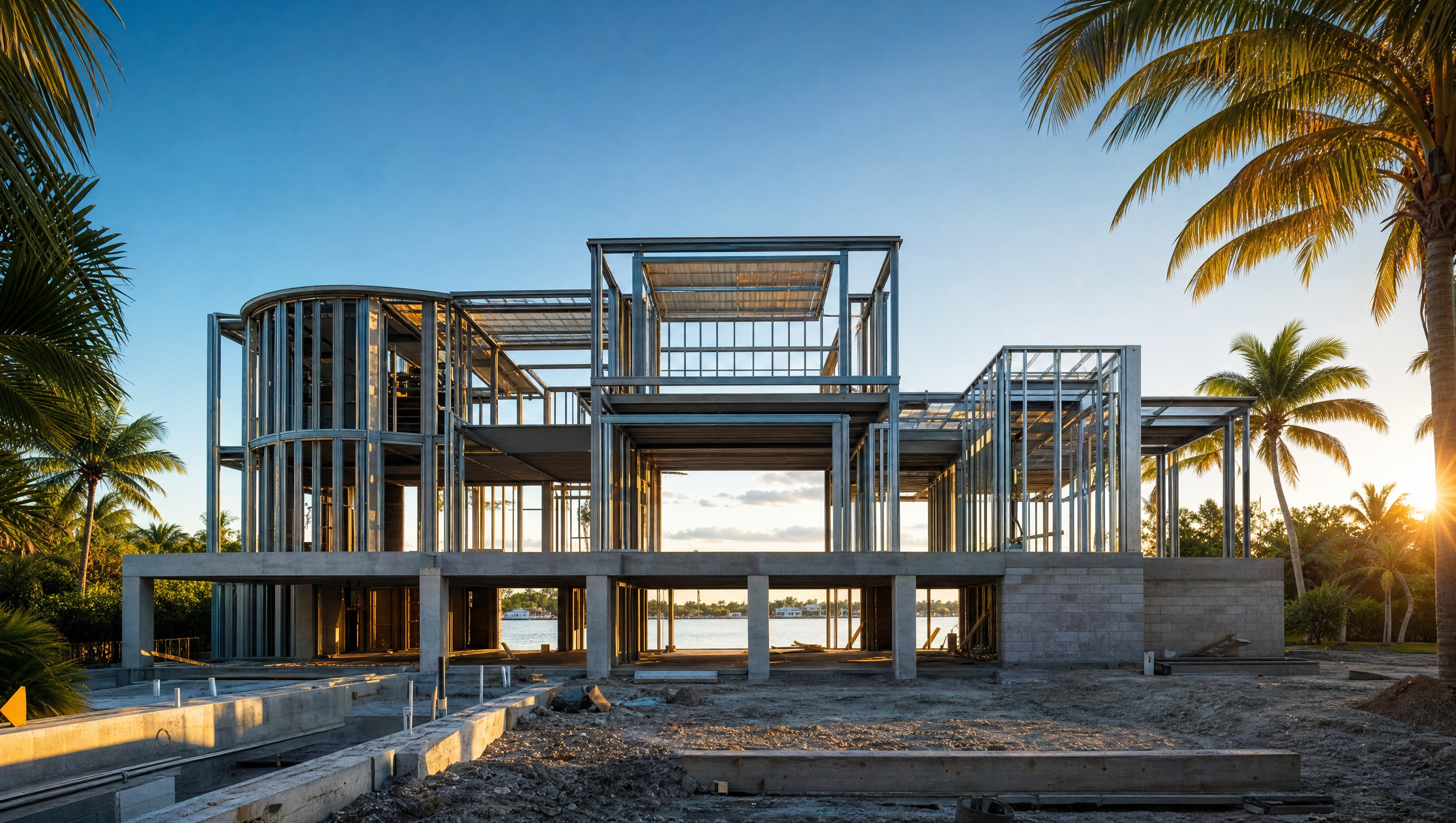 Steel framing going up on a waterfront new-construction home in South Florida