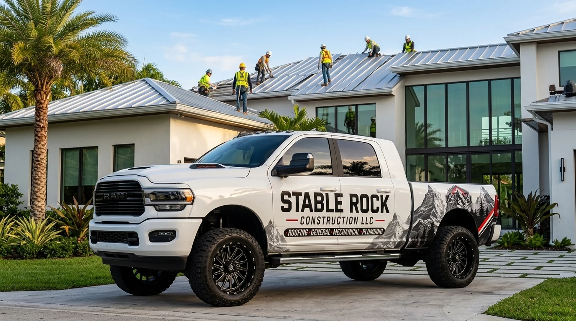 Stable Rock Construction crew installing a metal roof on a Miami luxury home with the branded company truck in the driveway