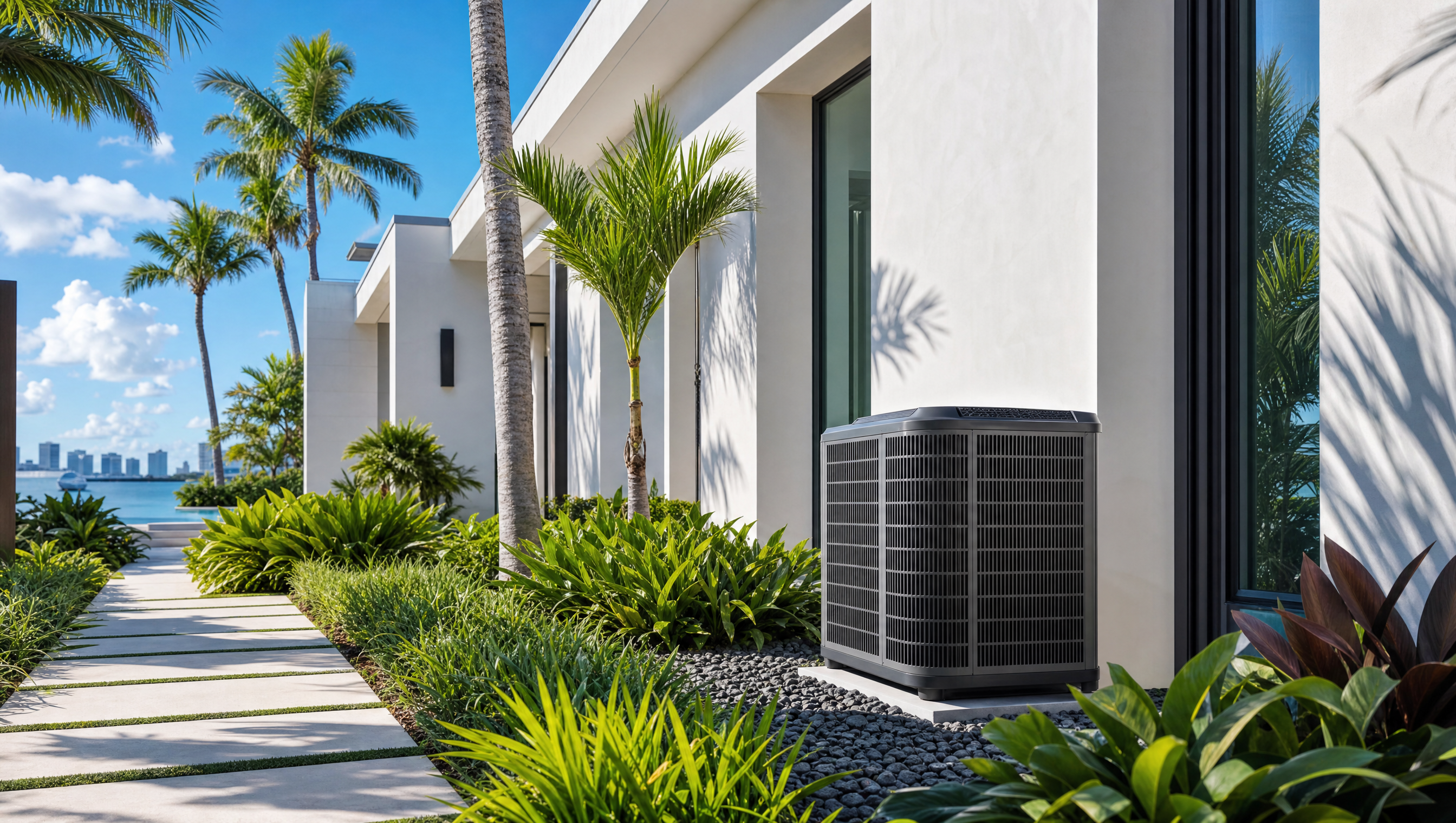 New condenser unit installed beside a modern waterfront Miami home