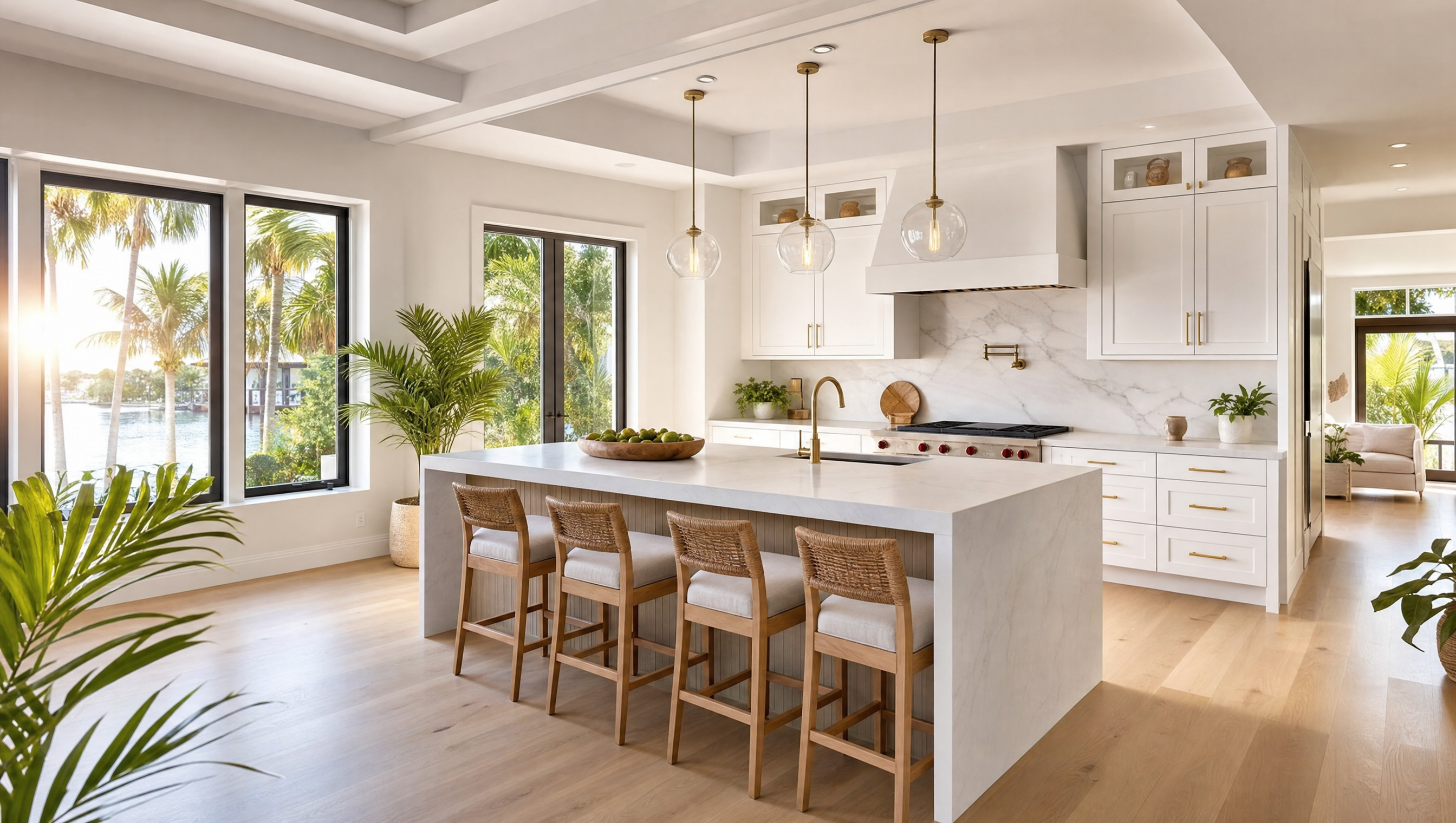 Finished white kitchen remodel with waterfront views in South Florida