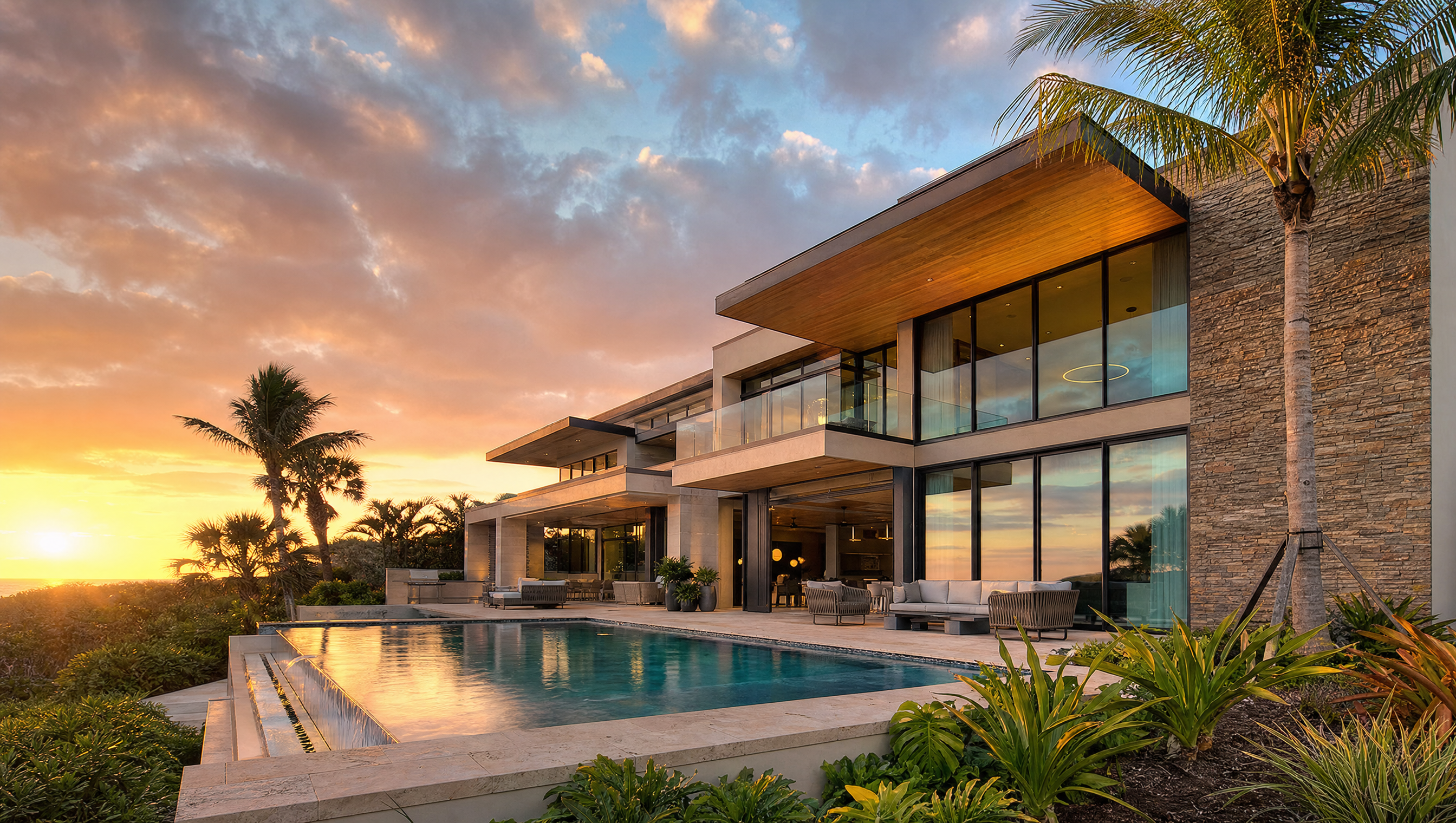 Modern South Florida waterfront home with floor-to-ceiling impact glass at sunset